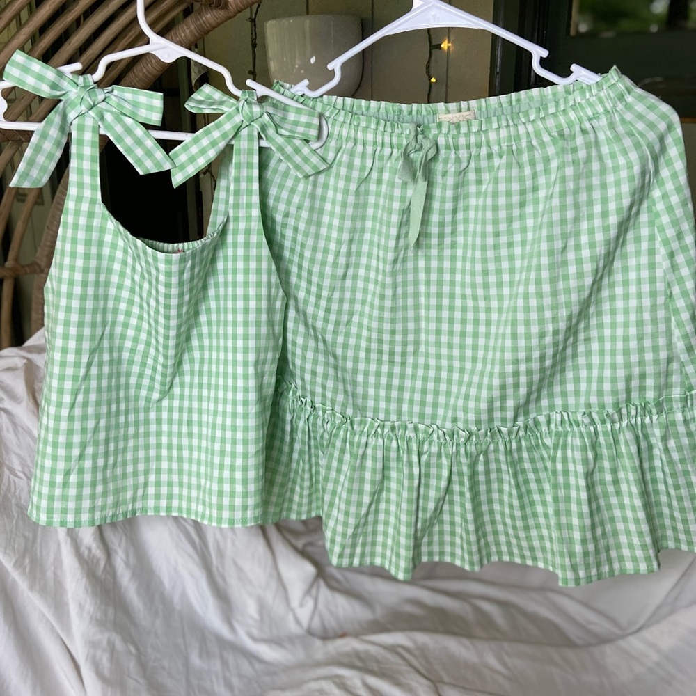 Gianni Bini Light Green Gingham Tie-Shoulder Crop Top & Ruffle Skirt Set